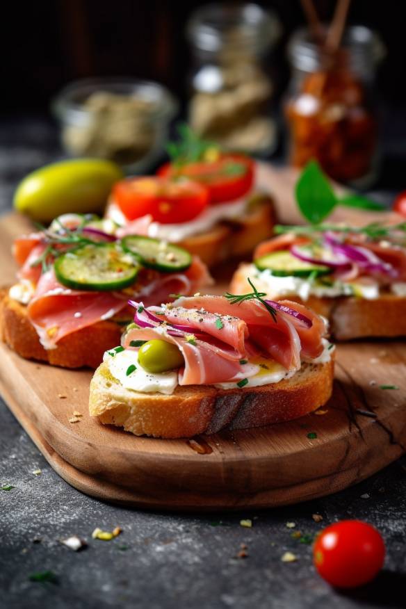 Belegte Brötchen mit Schinken, Käse und Gemüse.