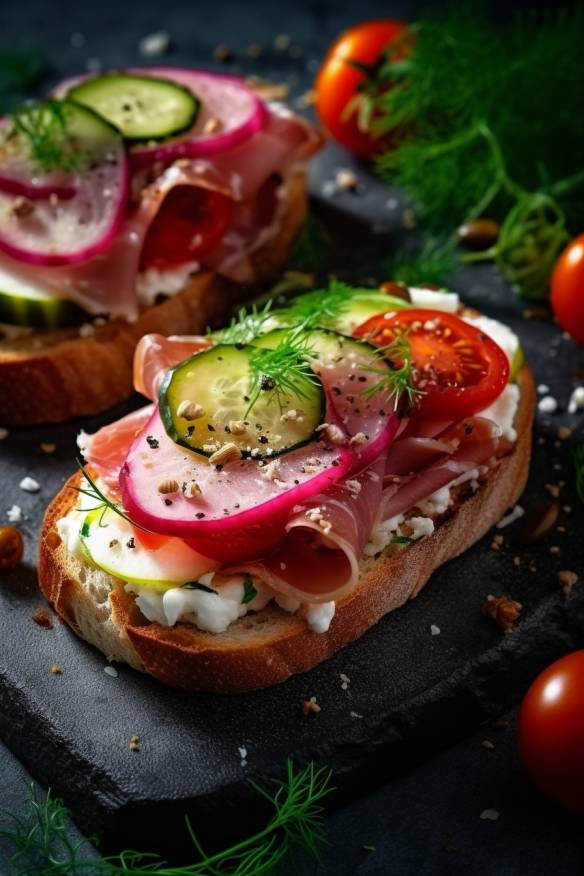 Belegte Brötchen mit Schinken, Käse und Gemüse.