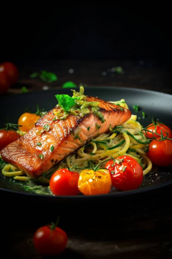 Gebratener Lachs mit Zoodles und Tomaten - Gesundes Low-Carb Rezept