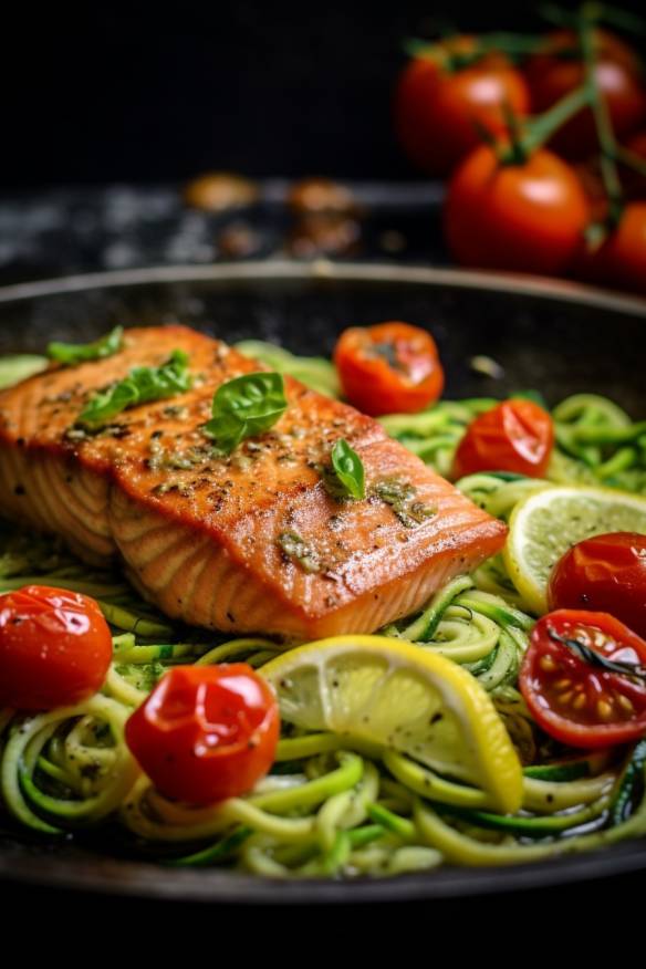 Gebratener Lachs mit Zoodles und Tomaten - Gesundes Low-Carb Rezept