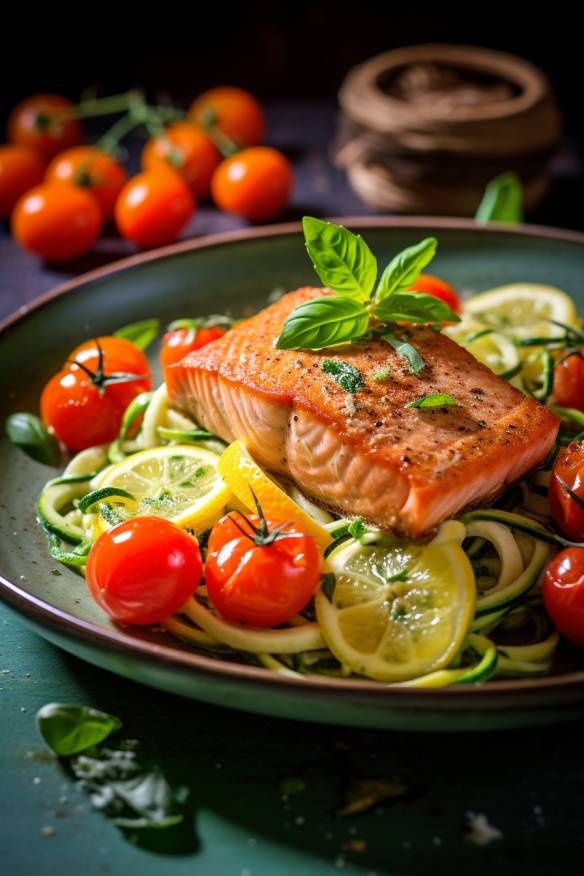 Gebratener Lachs mit Zoodles und Tomaten - Gesundes Low-Carb Rezept