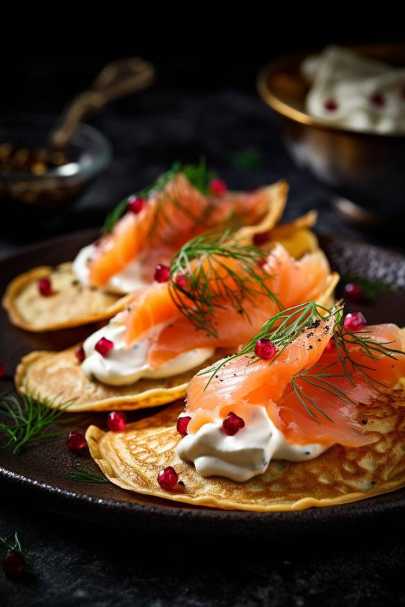 Pfannkuchen-Fingerfood mit Frischkäse und Lachs.