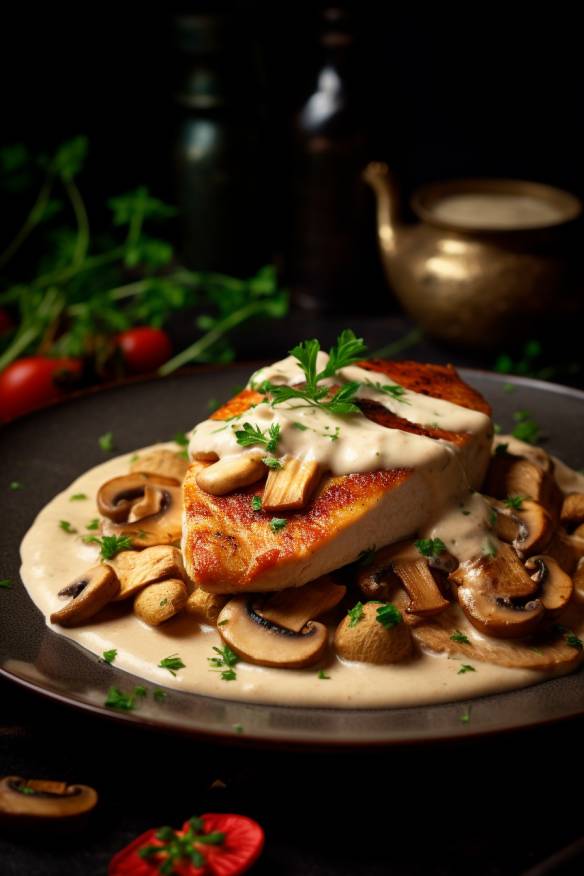 Gebratene Hähnchenbrust mit Champignon-Rahmsauce auf einem Teller serviert.