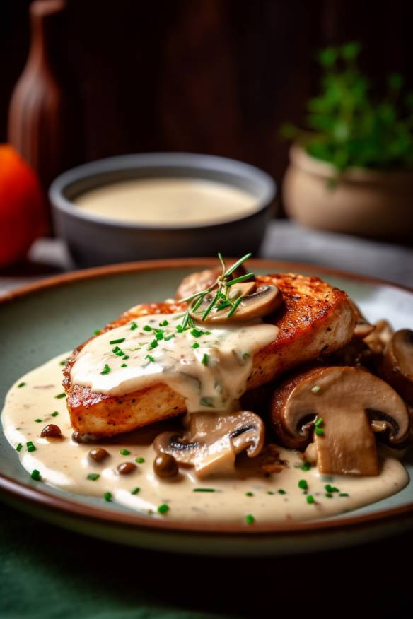 Gebratene Hähnchenbrust mit Champignon-Rahmsauce auf einem Teller serviert.