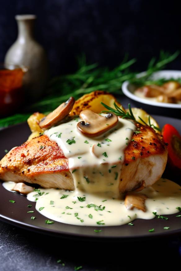 Gebratene Hähnchenbrust mit Champignon-Rahmsauce auf einem Teller serviert.