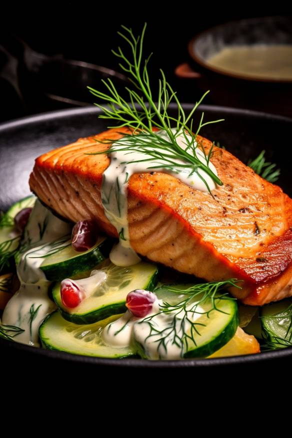 Gebratener Lachs auf Gurkensalat