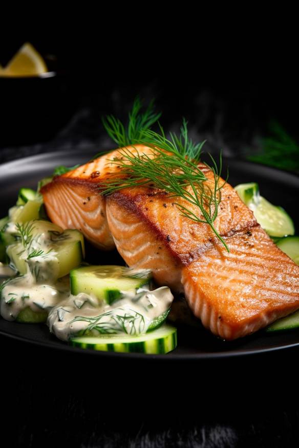 Gebratener Lachs auf Gurkensalat