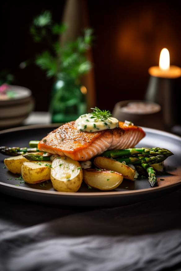 Gebratener Lachs mit Spargel und Kartoffeln auf einem Teller serviert.