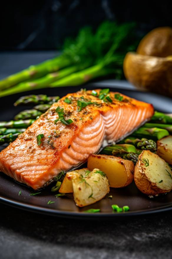 Gebratener Lachs mit Spargel und Kartoffeln auf einem Teller serviert.