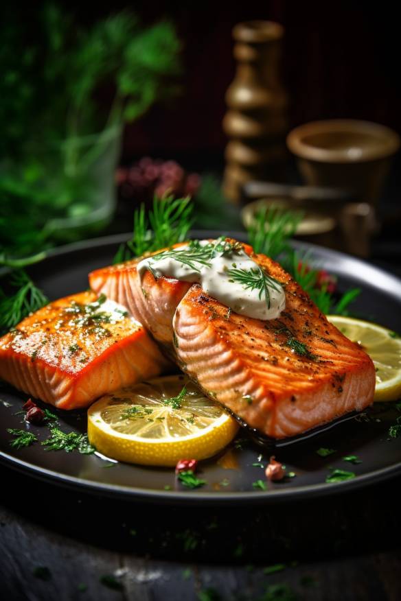 Gebratener Lachs mit Zitronen-Dill-Soße serviert auf einem Teller.