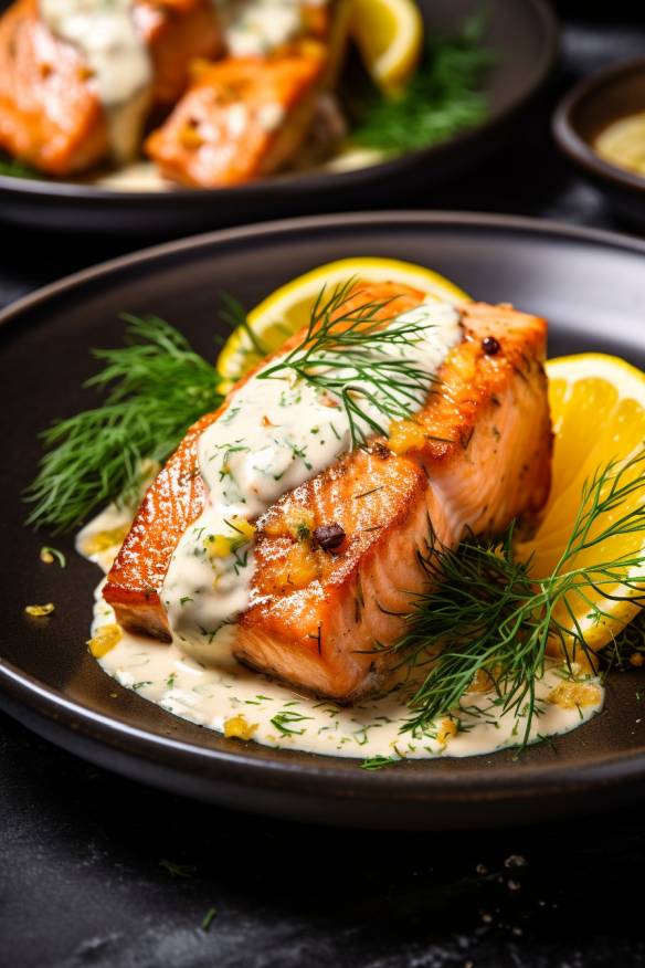 Gebratener Lachs mit Zitronen-Dill-Soße serviert auf einem Teller.