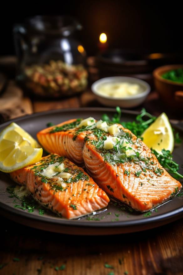 Gebratener Lachs mit Zitronen-Knoblauch-Butter auf einem Teller angerichtet.