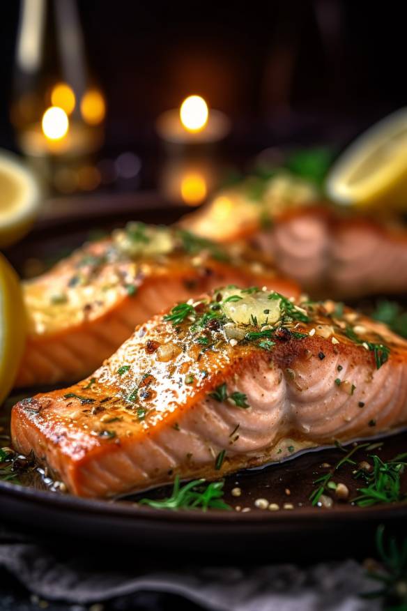 Gebratener Lachs mit Zitronen-Knoblauch-Butter auf einem Teller angerichtet.