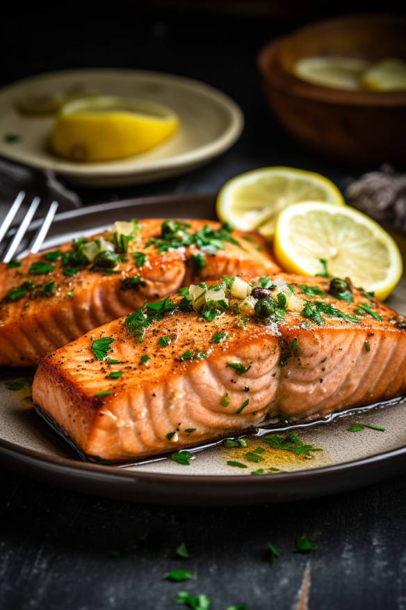 Gebratener Lachs mit Zitronen-Knoblauch-Butter auf einem Teller angerichtet.