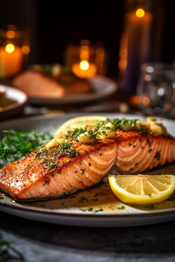 Gebratener Lachs mit Zitronen-Knoblauch-Butter auf einem Teller angerichtet.