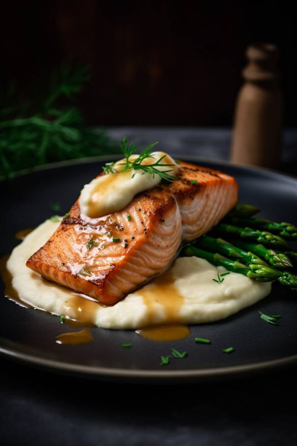 Gebratener Lachs mit Kartoffelstampf und grünem Spargel auf einem Teller serviert.