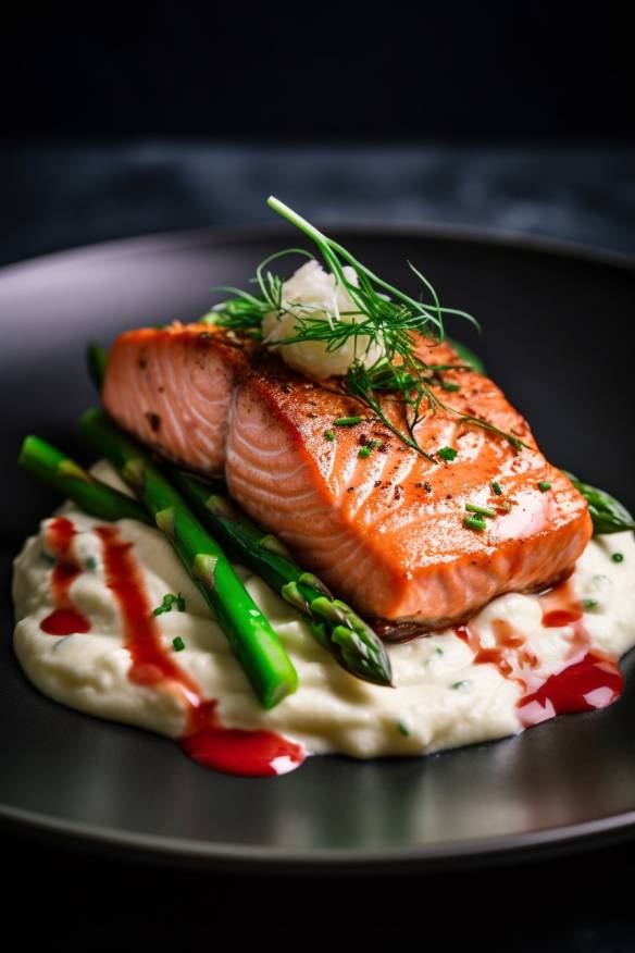 Gebratener Lachs mit Kartoffelstampf und grünem Spargel auf einem Teller serviert.