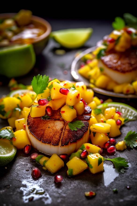 Gebratene Jakobsmuscheln mit Mango-Chili-Salsa.