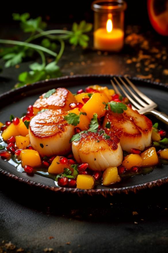 Gebratene Jakobsmuscheln mit Mango-Chili-Salsa.