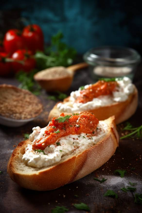 Paprika-Feta-Creme auf Baguette