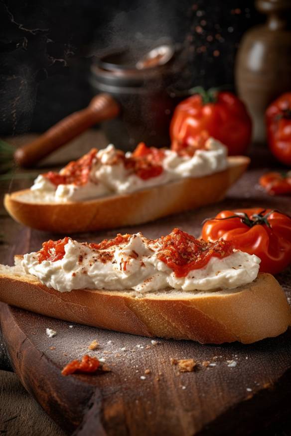 Paprika-Feta-Creme auf Baguette