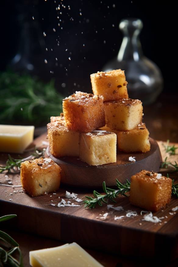 Parmesan-Happen auf einem Holzbrett serviert.