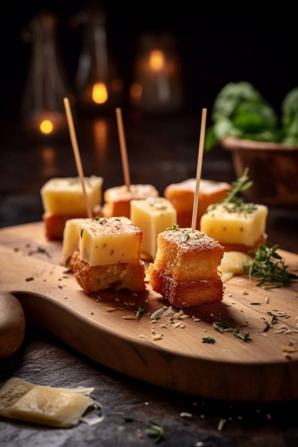 Knusprige Parmesan-Kekse auf einem Holzbrett.