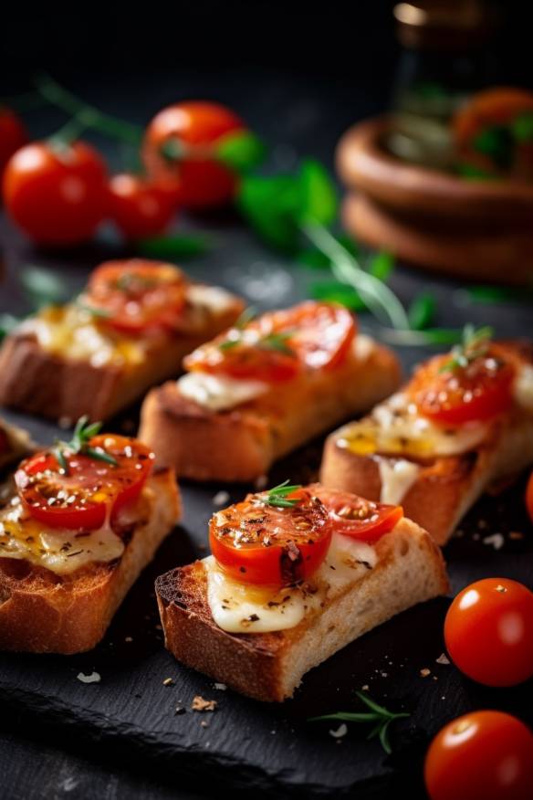 Party-Häppchen Baguette mit Tomaten und Käse.