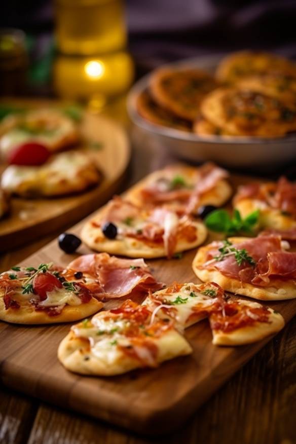 Party Snacks mit Pizzateig auf Holzbrett serviert