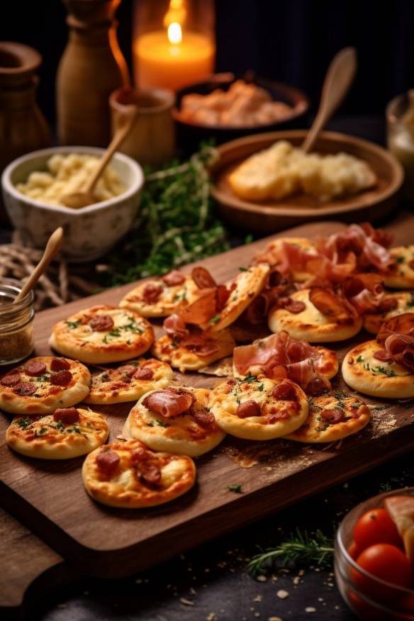 Party Snacks mit Pizzateig auf Holzbrett serviert