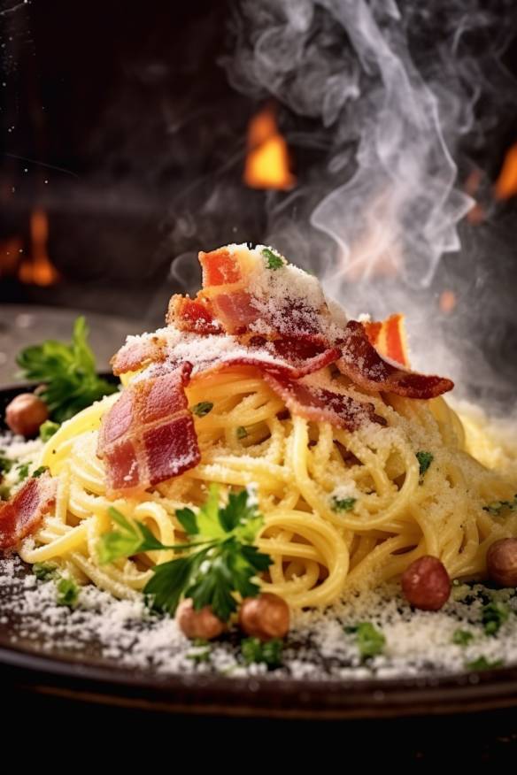 Pasta Carbonara mit Spaghetti, Speck und Parmesan.