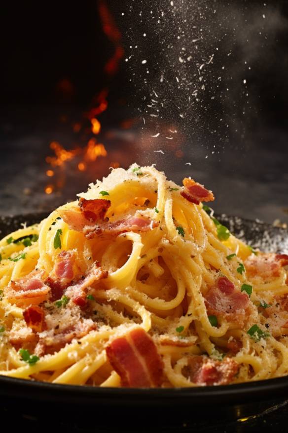 Pasta Carbonara mit Spaghetti, Speck und Parmesan.