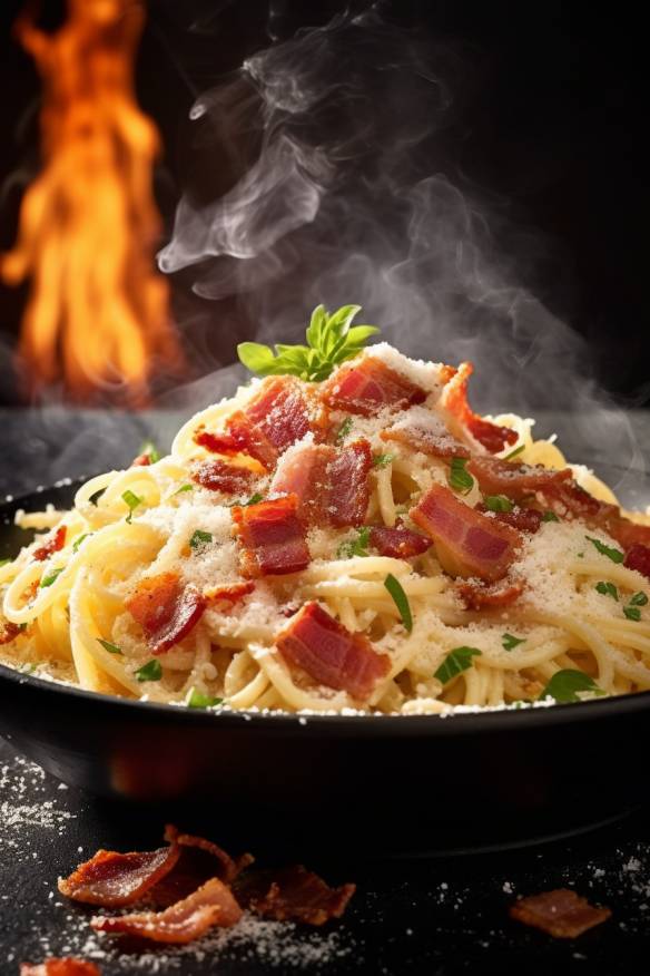 Pasta Carbonara mit Spaghetti, Speck und Parmesan.