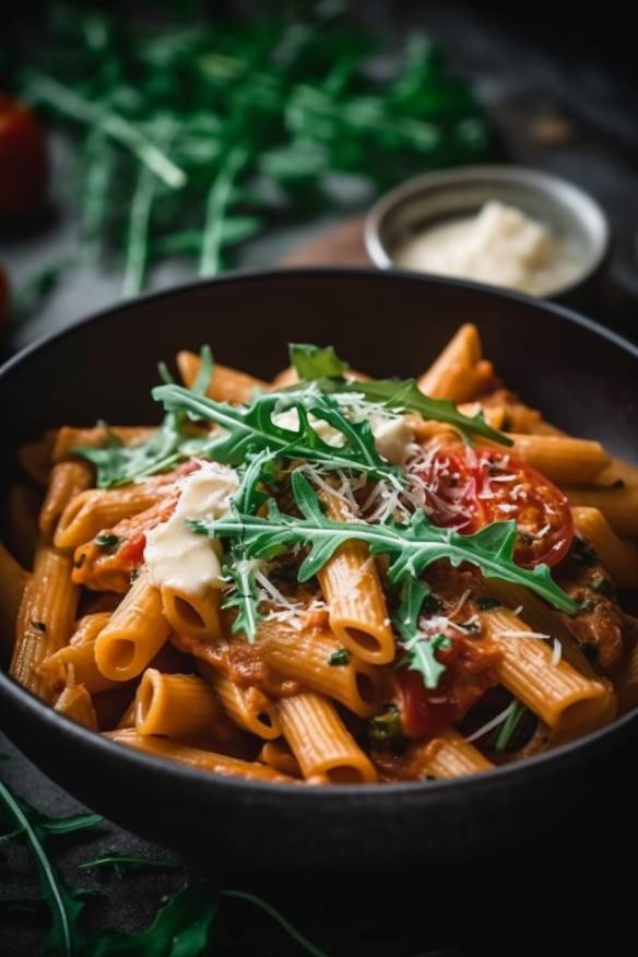 Nudelgericht mit cremiger Tomatensoße und Rucola