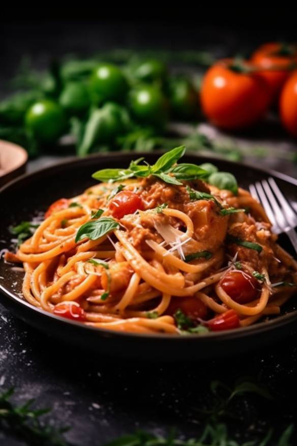 Nudelgericht mit cremiger Tomatensoße und Rucola