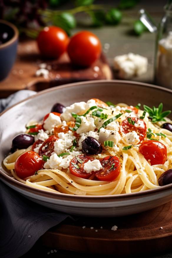 Nudelpfanne mit Feta und Oliven auf einem Teller angerichtet.