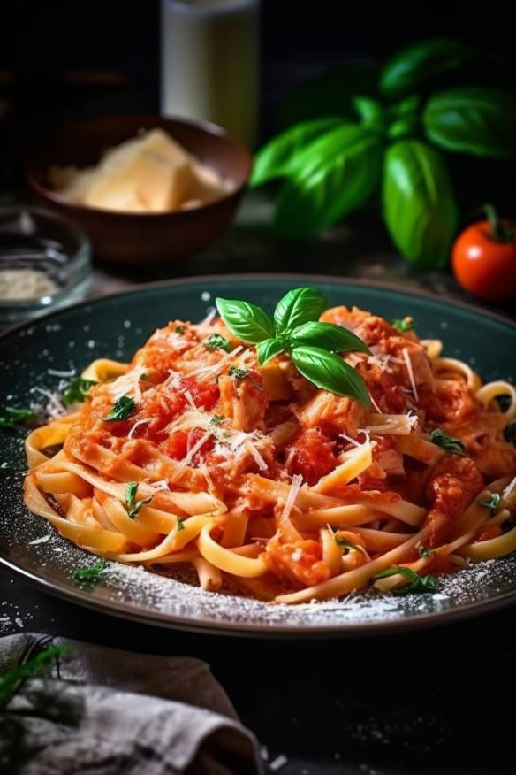 Pasta mit Tomaten-Ricotta-Sauce auf einem Teller