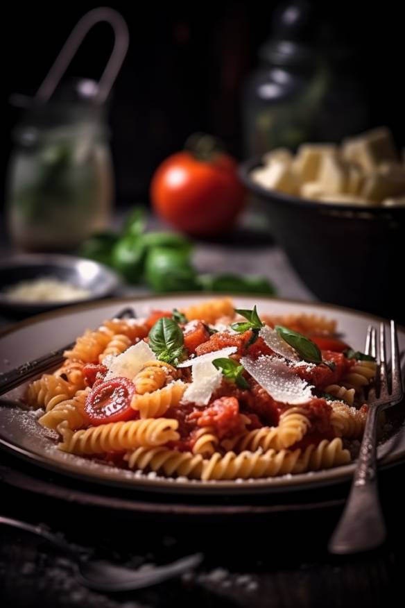 Pasta mit Tomaten-Ricotta-Sauce auf einem Teller