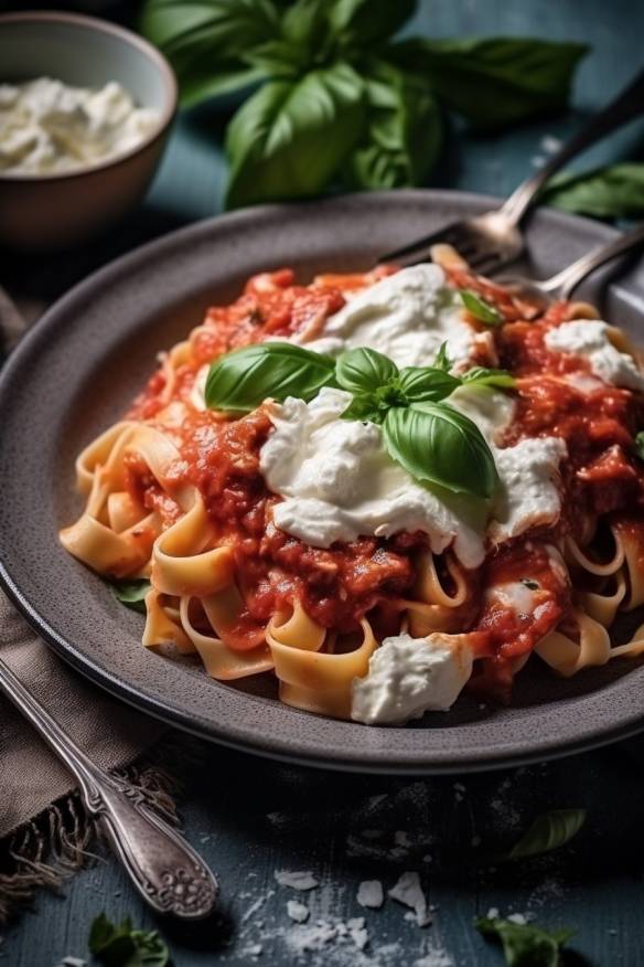 Pasta mit Tomaten-Ricotta-Sauce auf einem Teller