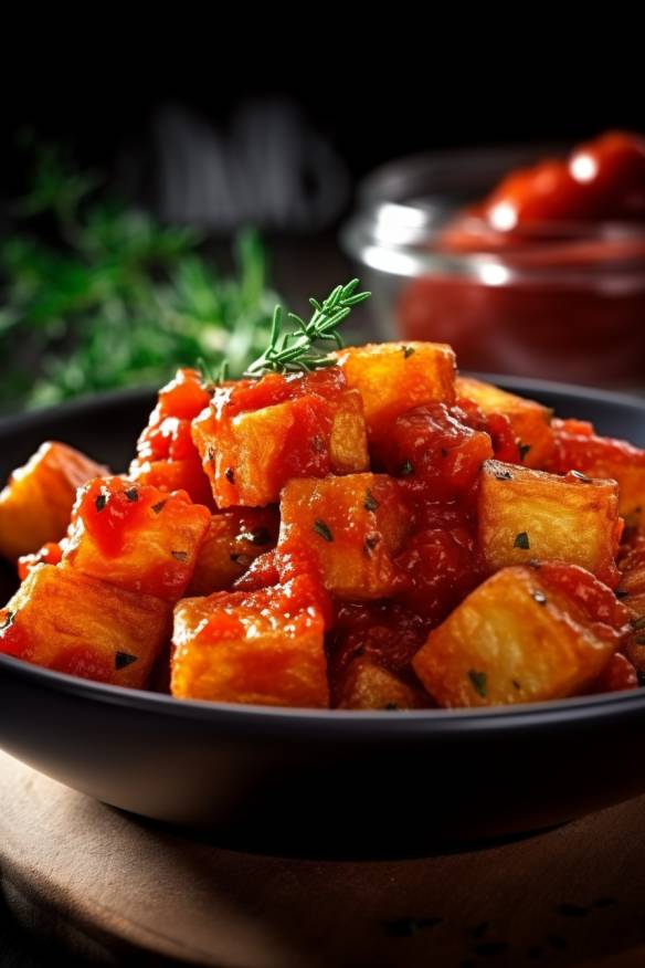 Patatas Bravas - Knusprige spanische Kartoffelwürfel mit würziger Tomatensauce.