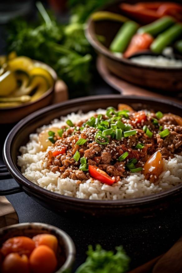 Paprika-Hackfleisch-Pfanne mit Reis und frischem Gemüse.