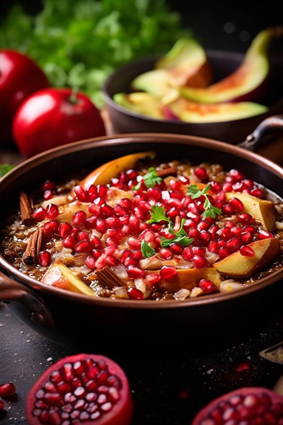 Persisches Auberginen-Ragout mit Granatapfelkernen in einer Schüssel angerichtet.