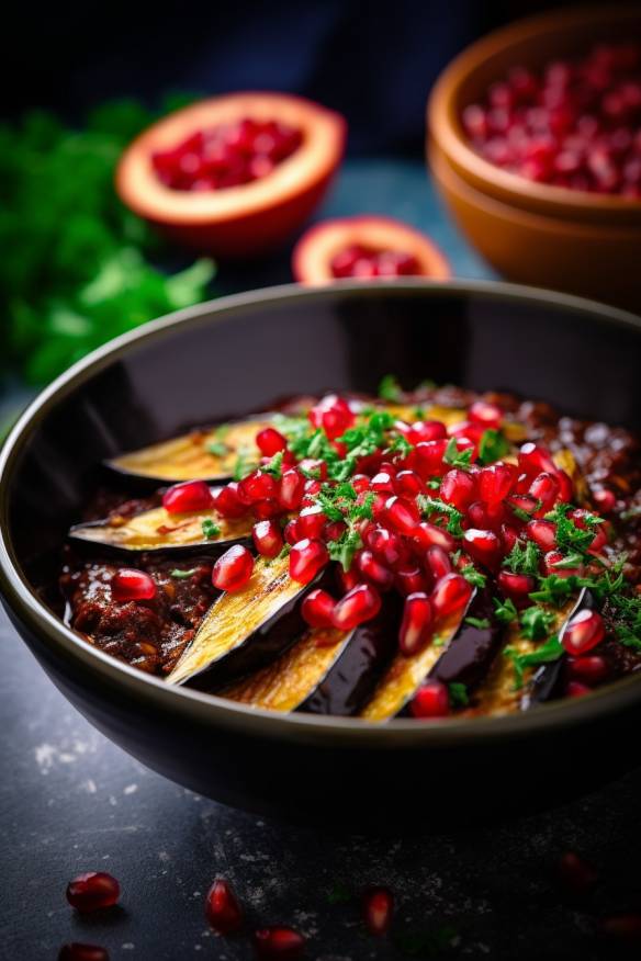 Persisches Auberginen-Ragout mit Granatapfelkernen in einer Schüssel angerichtet.