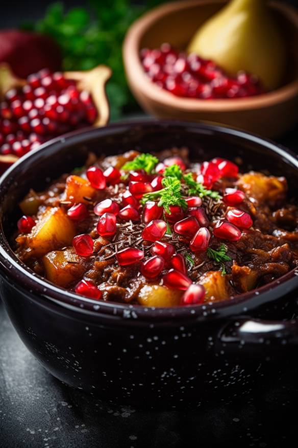 Persisches Auberginen-Ragout mit Granatapfelkernen in einer Schüssel angerichtet.