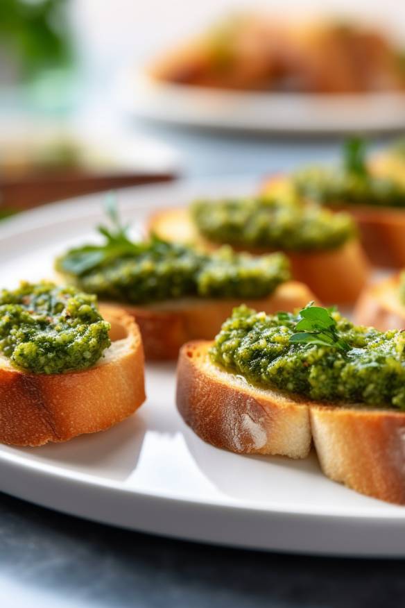 Pesto-Crostini auf einem weißen Teller.