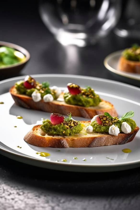 Pesto-Crostini auf einem weißen Teller.