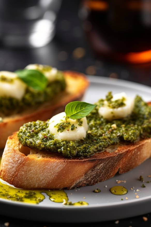 Pesto-Crostini auf einem weißen Teller.