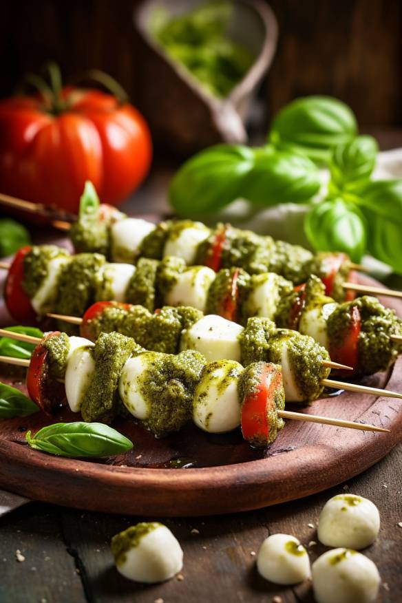 Pesto-Mozzarella-Spieße mit frischem Basilikum.