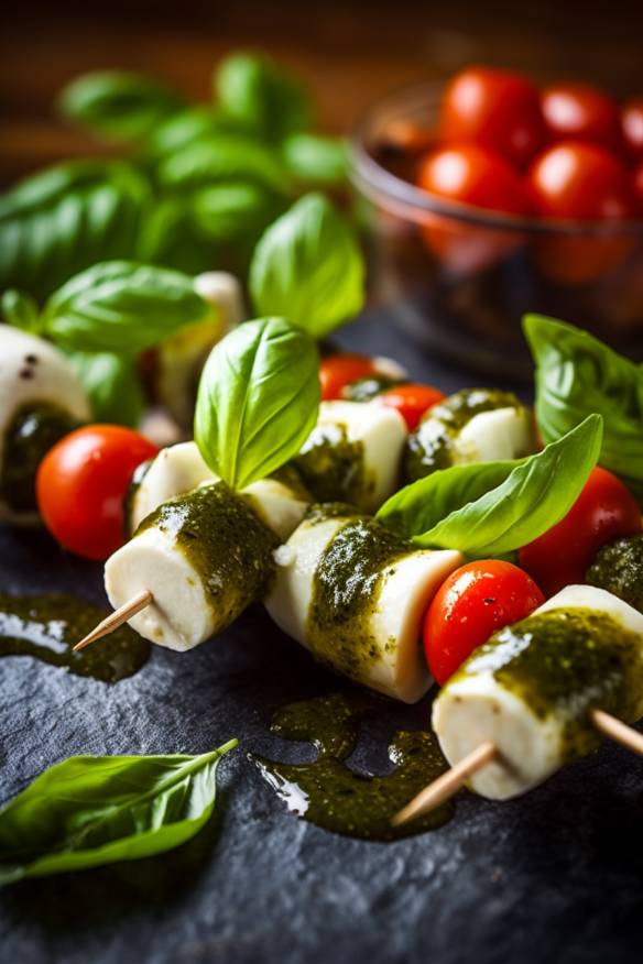 Pesto-Mozzarella-Spieße mit frischem Basilikum.