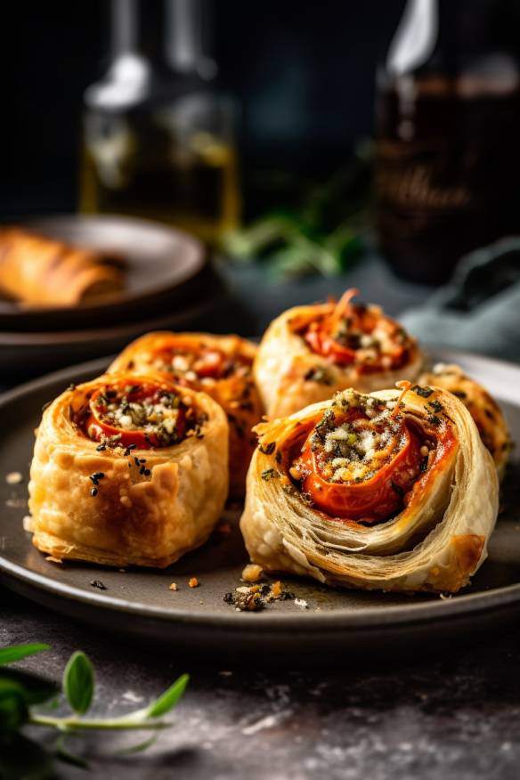 Pesto-Tomaten-Blätterteig-Schnecken auf einem Teller angerichtet.